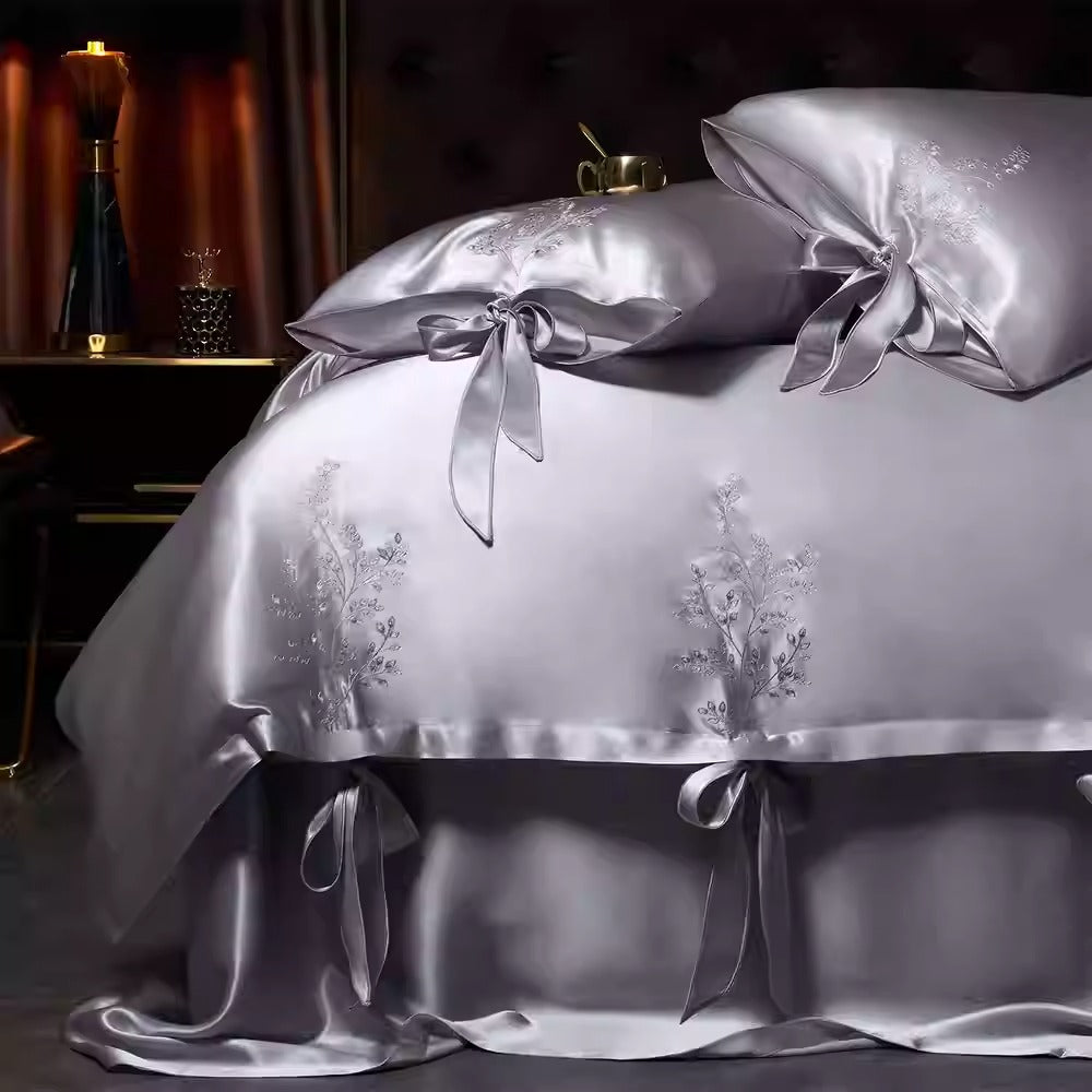 SUYUEAT - Embroidered 30 Momme Full Silk Set 4pcs, Silver Gray