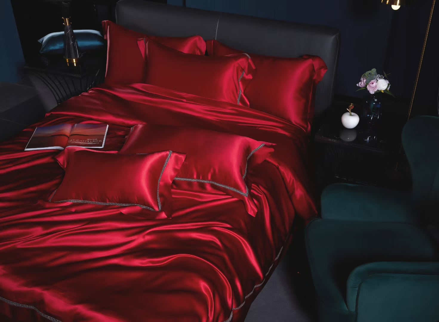 WINE - Lace artisan 25 Momme 4-Piece Pure Mulberry Silk Bed Linen Set