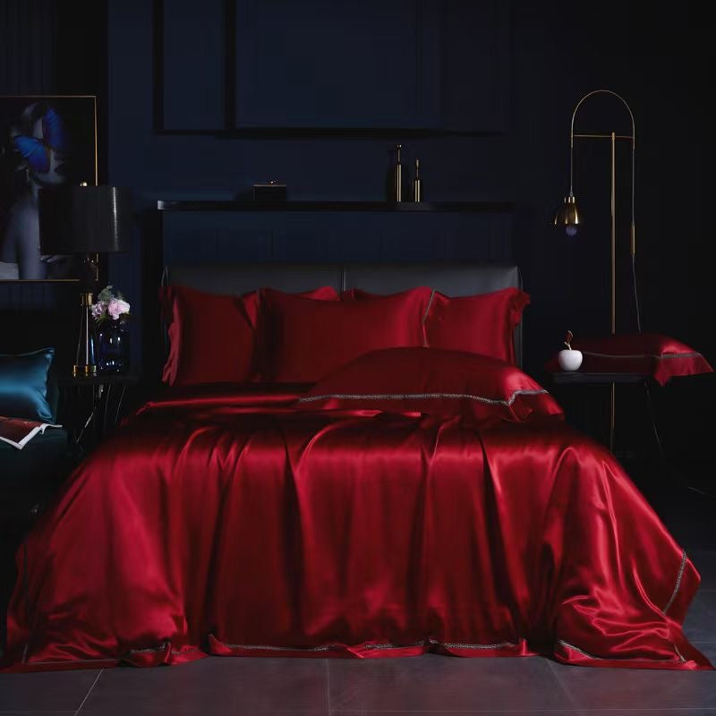 WINE - Lace artisan 25 Momme 4-Piece Pure Mulberry Silk Bed Linen Set