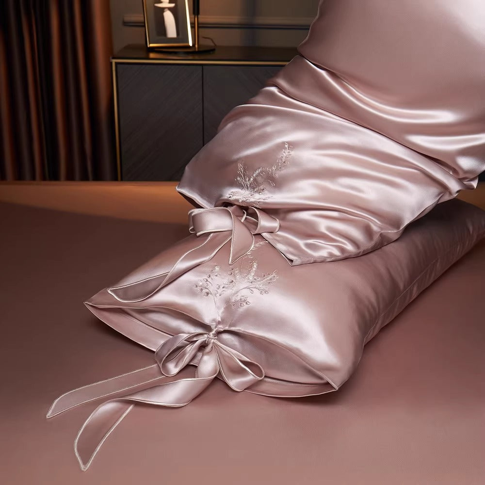 SUYUEAT - Embroidered 30 Momme Full Silk Set 4pcs, Lotus Pink