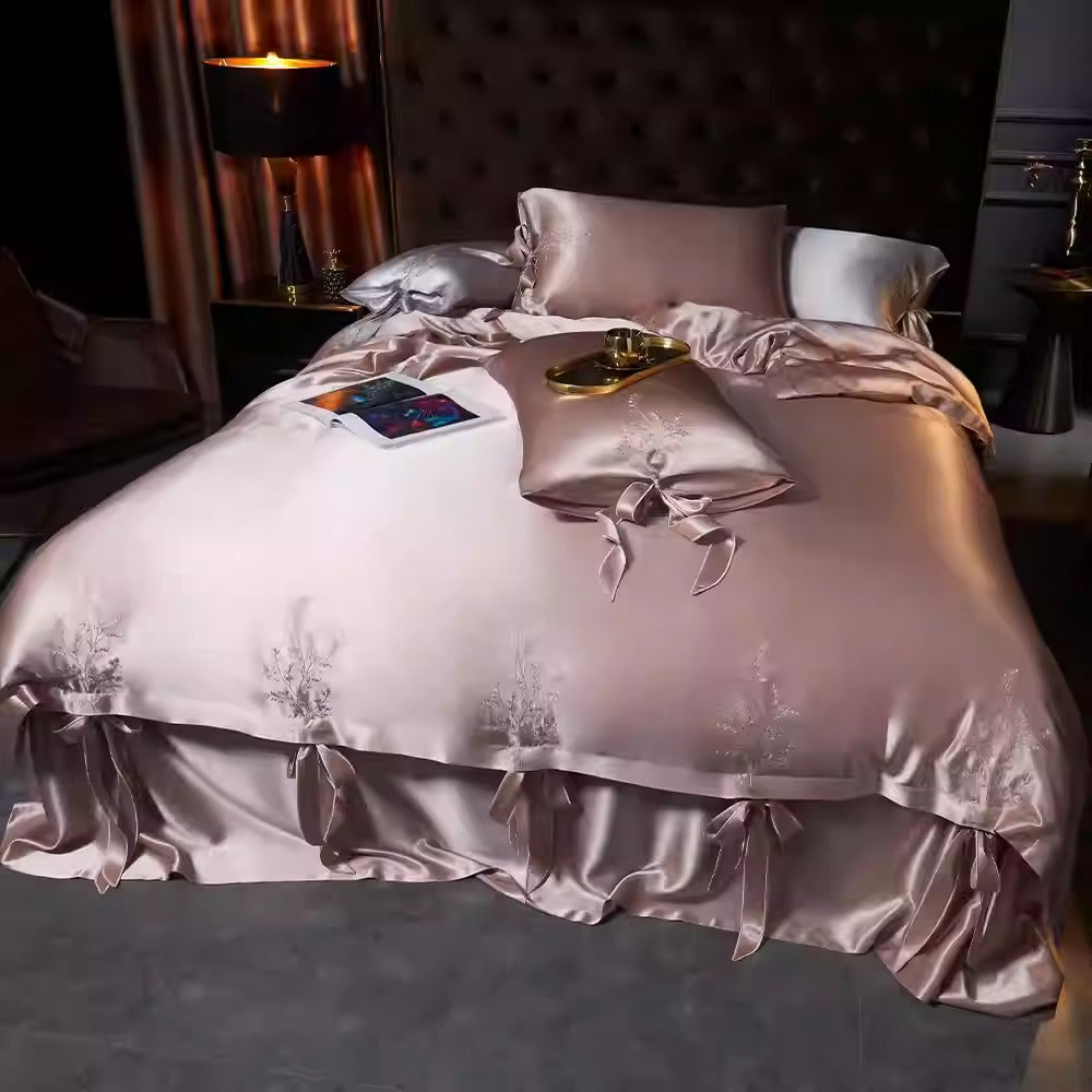 SUYUEAT - Embroidered 30 Momme Full Silk Set 4pcs, Lotus Pink