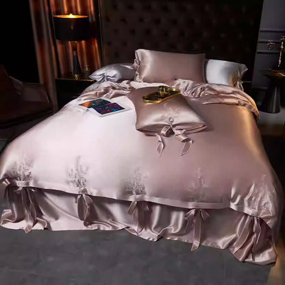 SUYUEAT - Embroidered 30 Momme Full Silk Set 4pcs, Lotus Pink