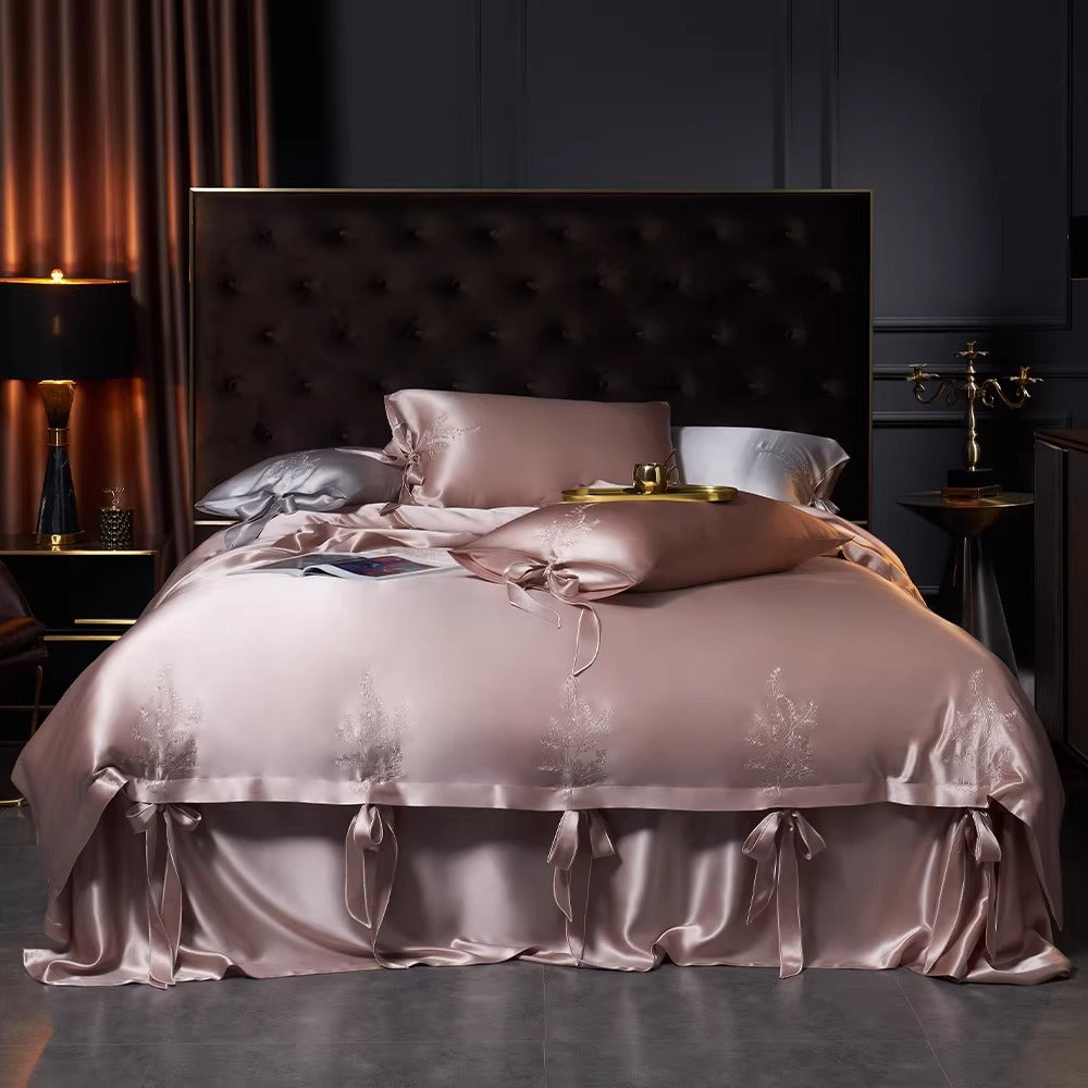 SUYUEAT - Embroidered 30 Momme Full Silk Set 4pcs, Lotus Pink