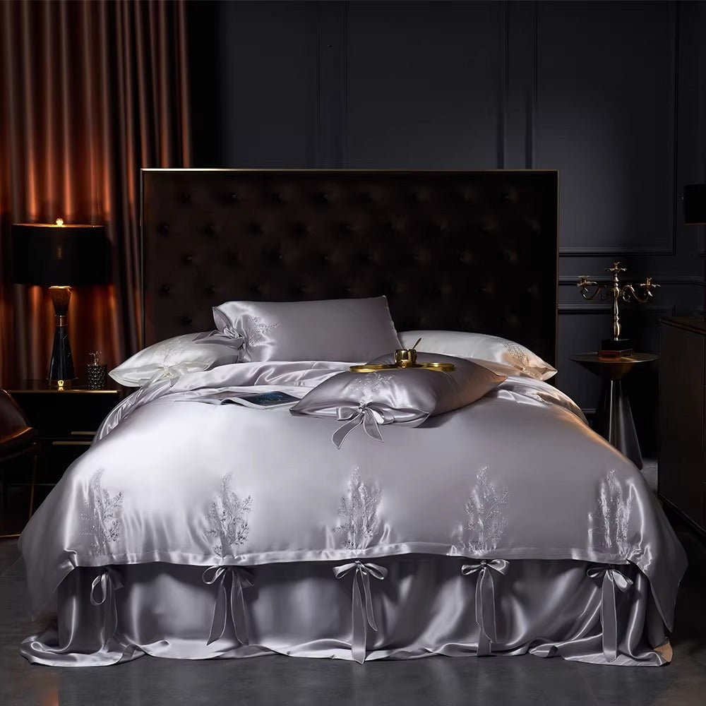 SUYUEAT - Embroidered 30 Momme Full Silk Set 4pcs, Lotus Pink