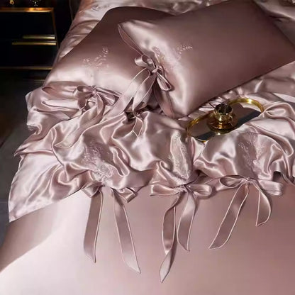 SUYUEAT - Embroidered 30 Momme Full Silk Set 4pcs, Lotus Pink