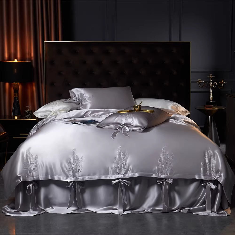 SUYUEAT - Embroidered 30 Momme Full Silk Set 4pcs, Princess White