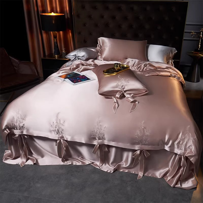 SUYUEAT - Embroidered 30 Momme Full Silk Set 4pcs, Silver Gray