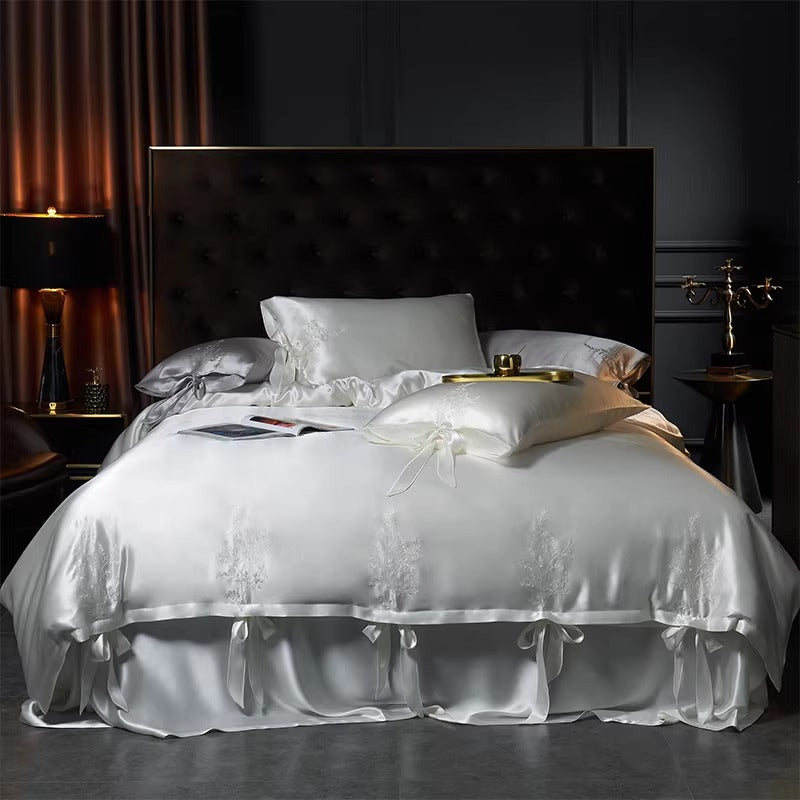 SUYUEAT - Embroidered 30 Momme Full Silk Set 4pcs, Princess White