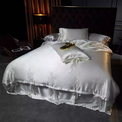 SUYUEAT - Embroidered 30 Momme Full Silk Set 4pcs, Princess White