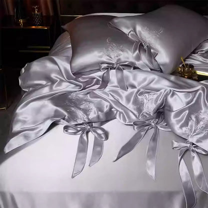 SUYUEAT - Embroidered 30 Momme Full Silk Set 4pcs, Silver Gray