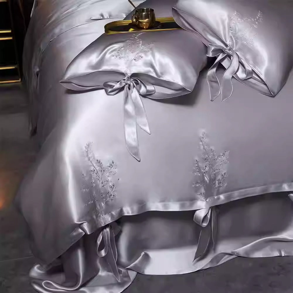 SUYUEAT - Embroidered 30 Momme Full Silk Set 4pcs, Silver Gray