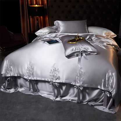 SUYUEAT - Embroidered 30 Momme Full Silk Set 4pcs, Silver Gray