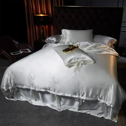 SUYUEAT - Embroidered 30 Momme Full Silk Set 4pcs, Silver Gray