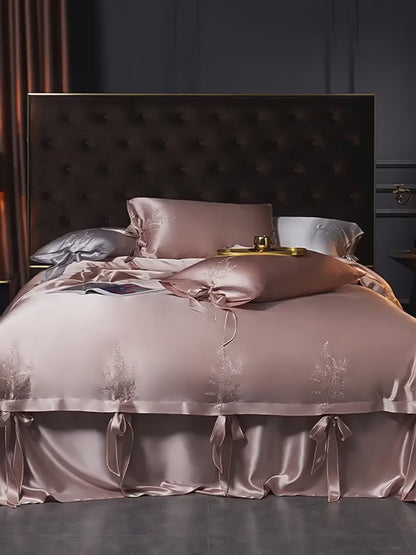 SUYUEAT - Embroidered 30 Momme Full Silk Set 4pcs, Lotus Pink